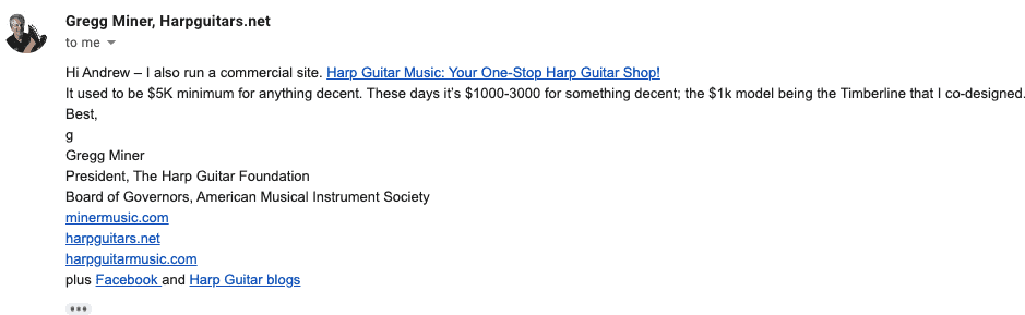 Greg Miner on Average Price of Harp Guitar 