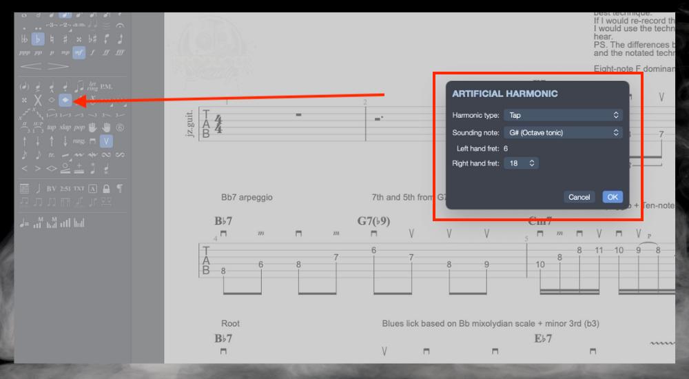 A.H. Toolbar - Guide to Pinch, Tap, Semi, & Natural Harmonics in Guitar Pro