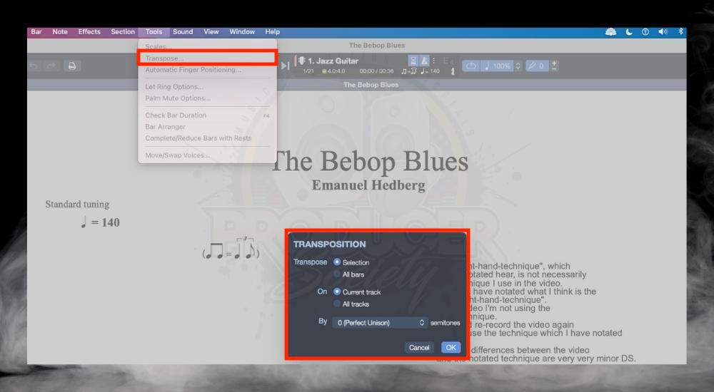 Tools > Transpose - How To Transpose A Song in Guitar Pro 