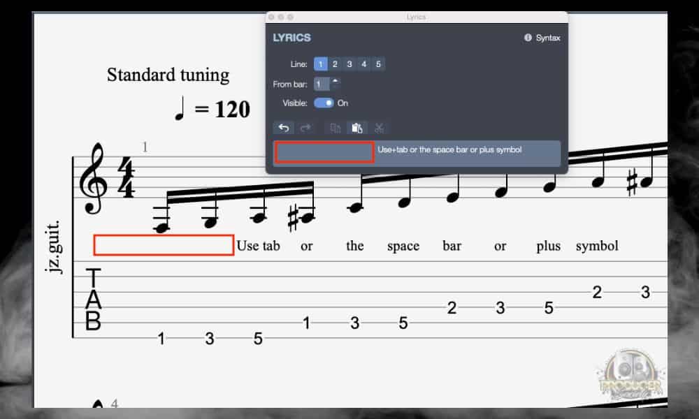 Use tab, space, or plus, for skipping - How to Add Text and Lyrics in Guitar Pro [Full Guide] (1).jpg