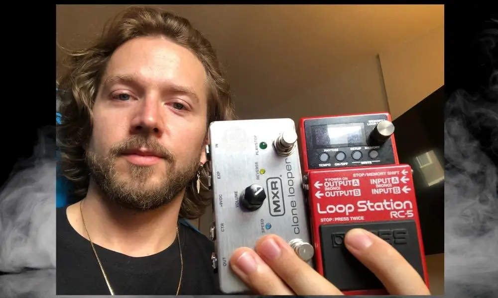 Me Holding the MXR Clone Looper and BOSS RC-5 Loop Station 