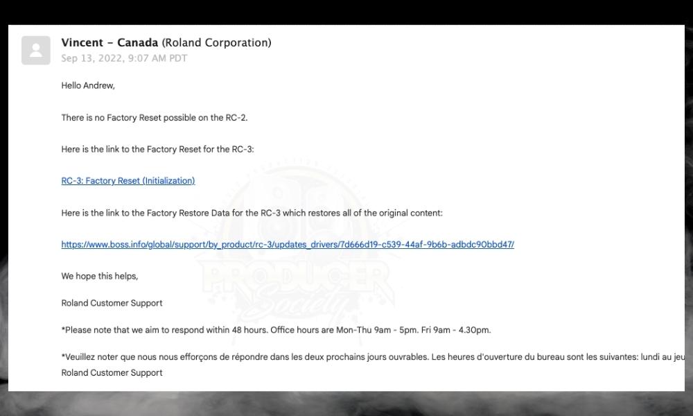 Roland Email Response - How To Reset The Boss Loop Station